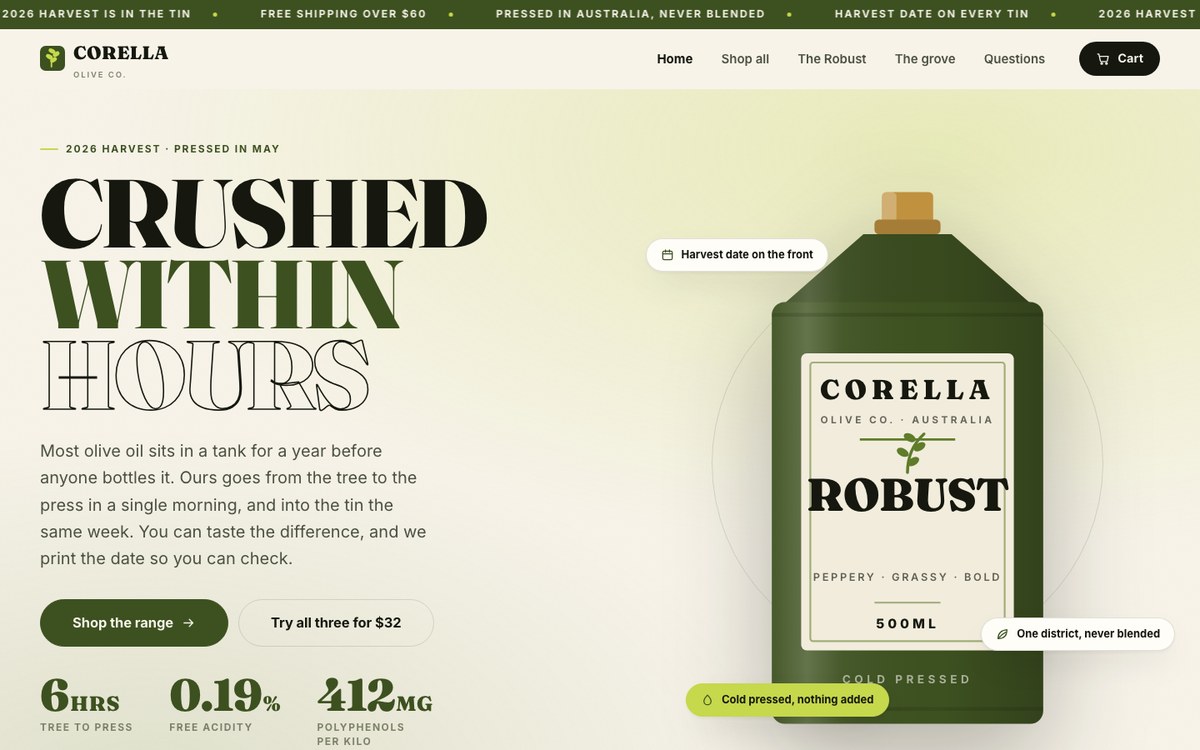 Corella Olive Co. home page: a cream and olive store with the headline Crushed within hours beside a green tin of olive oil